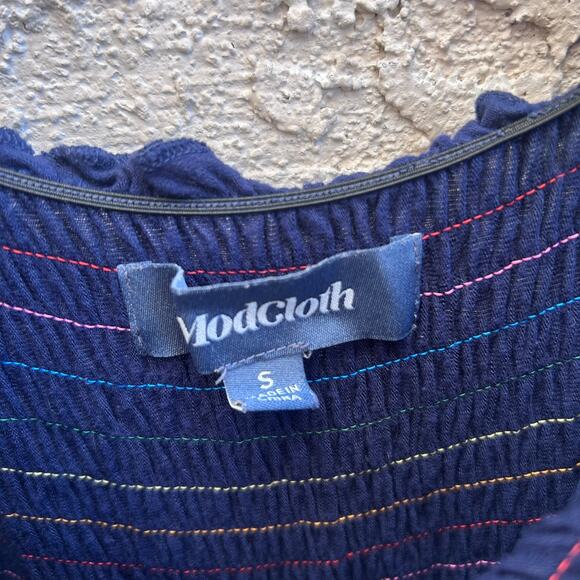 ModCloth Jersey Smocked Jumpsuit Rainbow Print Navy Blue Size Small - Picture 2 of 6